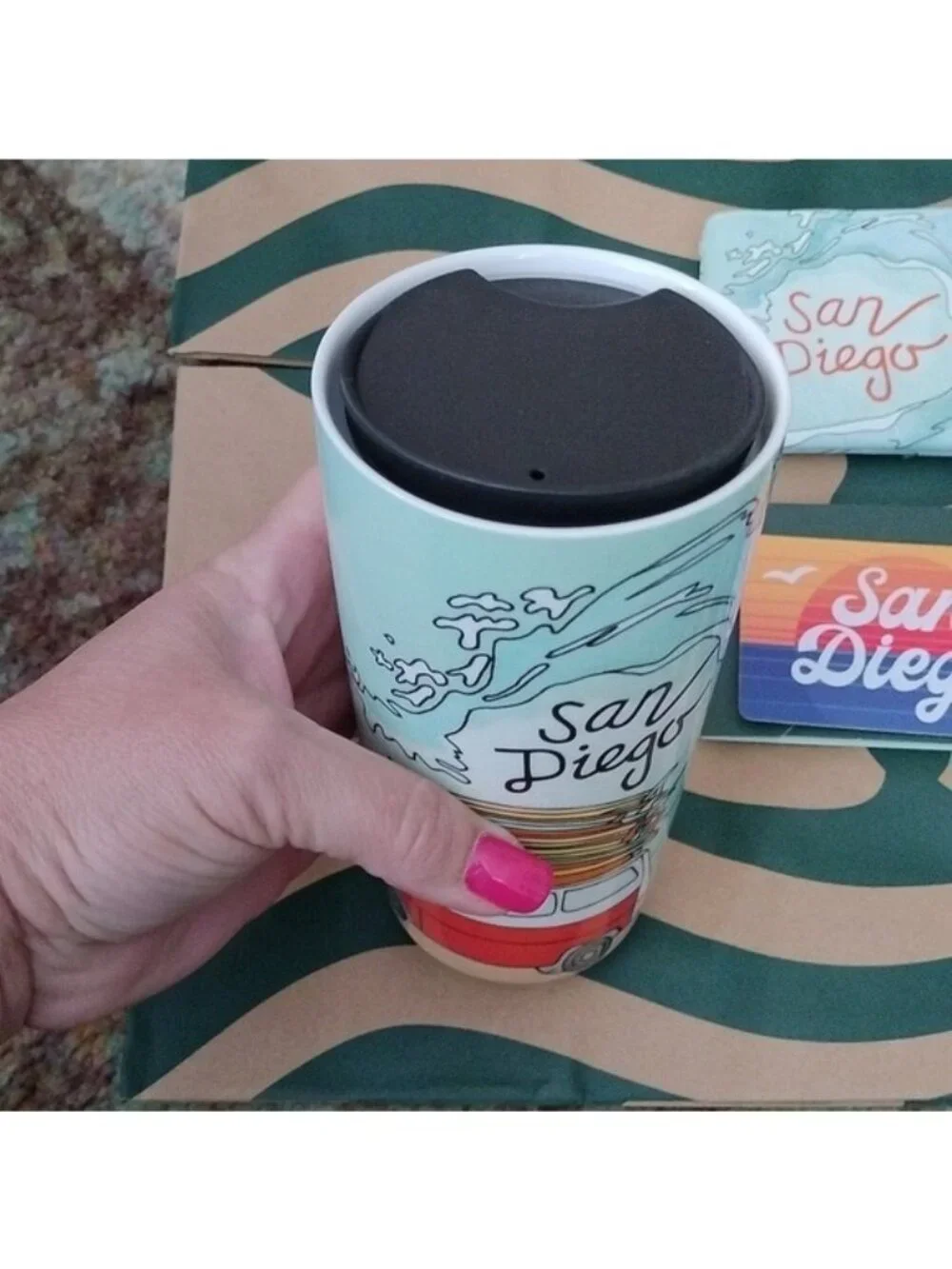 Starbucks San Diego Porcelain Travel Mug+ Zippered Wave Pouch + Blank GC